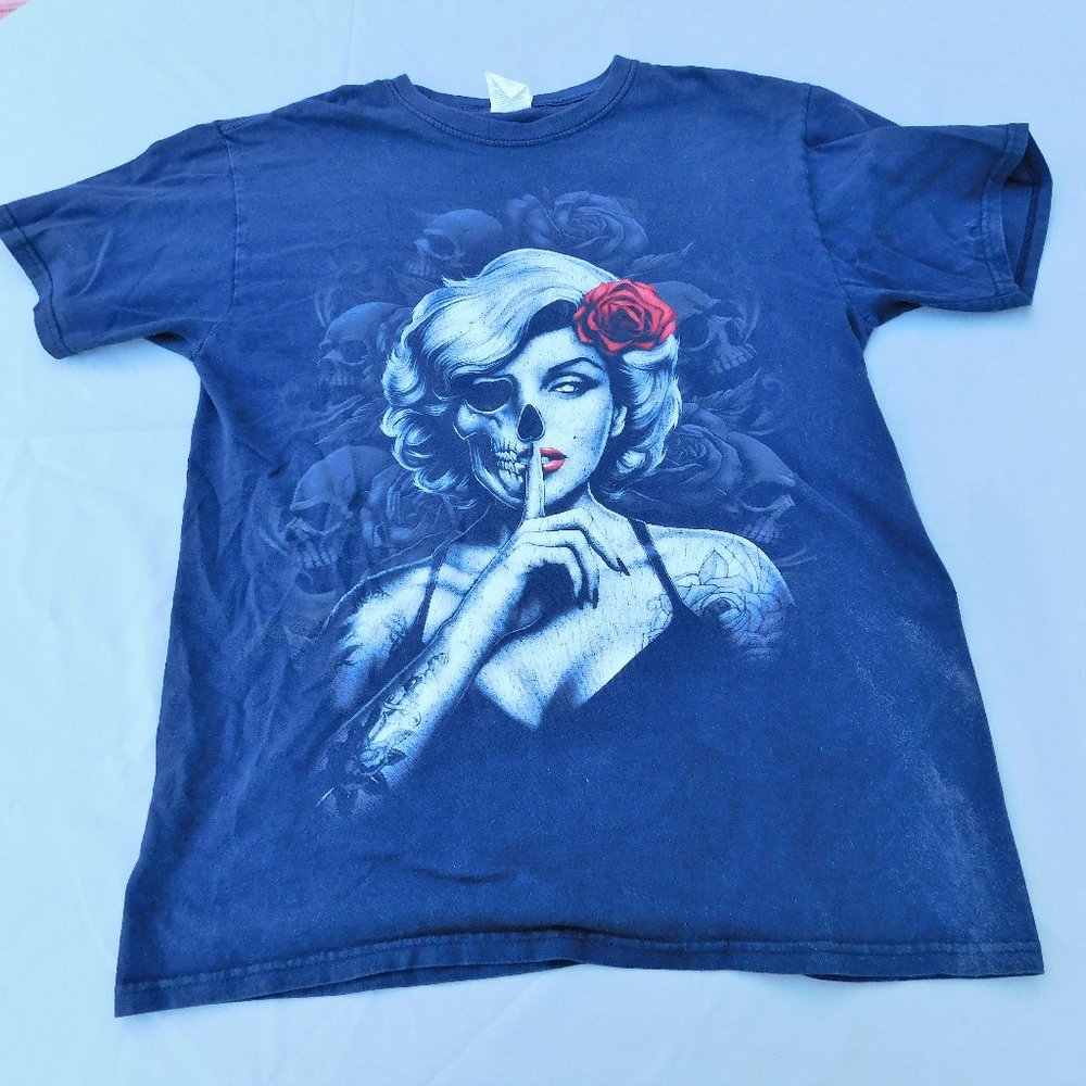 Black Marilyn Monroe Skull tee shirt, Vintage, Medium, Red Rose, Goth, Zombie